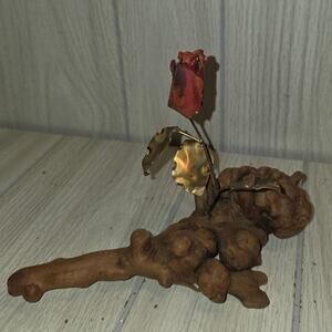Vtg Copper Rose Bud On Burl Wood Base Sculpture Handmade Brutalist MCM Love